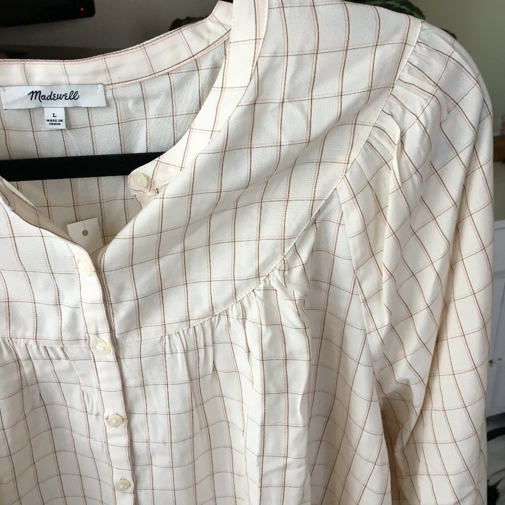 Madewell Cream Plaid Blouse size L EUC - Picture 3 of 8